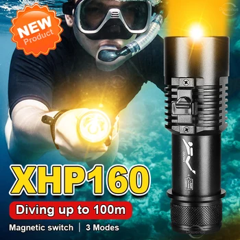 1000m Profesionálne Potápačské Baterka XHP160 Teplé Svetlo pod vodou IPX8 Ponoriť Svetlo 26650 batérie Nabíjateľné Žltá Ručné Svietidlo