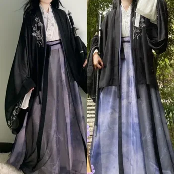 2 Farba Tradičné Čínske Oblečenie pre Ženy, Sestry' Šaty WeiJin Dynastií Elegantné Fialové Vytlačené Kríž Golier Hanfu 3ks