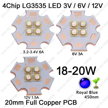 2 ks 3V 6V alebo 12V LG3535 18W 4Chips 4LEDs High Power LED Osvetlenie Vysielač Čip Dióda Kráľovská Modrá mala načítavať pri 450 nm na 20 mm Meď PCB