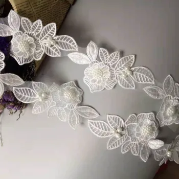 2 metrov White Pearl Flower Leaf Korálkami Ručne Vyšívané Čipky Orezania pása s nástrojmi Nášivka Svadobné Šaty, Šitie Plavidlá DIY Hot