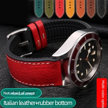 20 mm 22 mm 24 mm talianskej pravej kože + Silikónové Spodnej Watchband pre Breitling Pomstiteľ Omega Tudor Mužov Nepremokavé Gumy Popruh