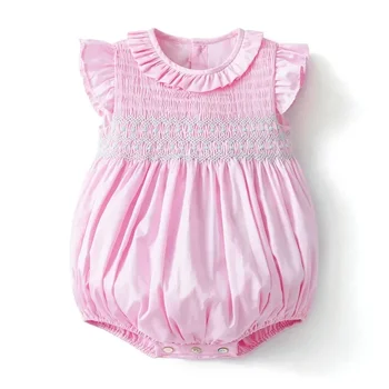 2023 Nové Dieťa Dievča Smocked Romper Deti Ručne Vyrobené Smokcing Ružové Bubliny Prehrabať Golier Bavlnené Oblečenie