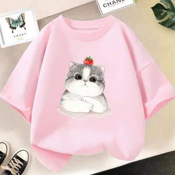 2023 Nové Roztomilé Dievčatá z jahody Cat Graphic T Shirt Letné Módy Bežné Krátky Rukáv Topy Študentov Cartoon Čaj