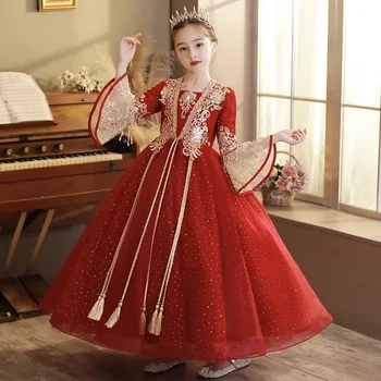 2023 Nové Červený Kvet Dievča Šaty Staré Čínske Deti Hanfu Kostým Roztomilé Deti Vianočný Darček Princezná Čínsky Nový Rok Oblečenie