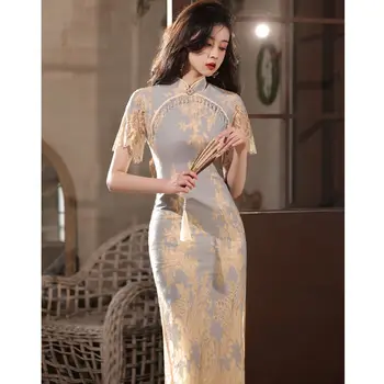 2023 Retro Cheongsam Čínsky Klasický Žien Qipao Elegantný Krátky Rukáv Vintage Šaty Spájať Čipky Pearl Denne Výšivky Šaty