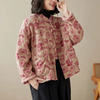 2023 čínsky štýl, zimné jeseň národnej štýl modernej tangsuits lady elegantný kabát dlhý rukáv kvetinový denne kabát ružová teplý kabát