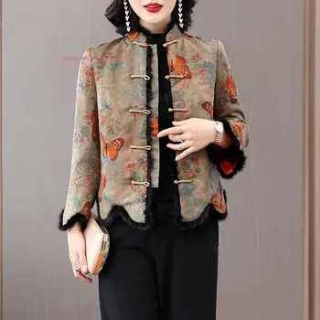 2024 národnej kvetina tlače stojan golier kabáta čínsky vintage bavlna-čalúnená bunda tradičné zlepšila srsť zahustiť teplý kabát