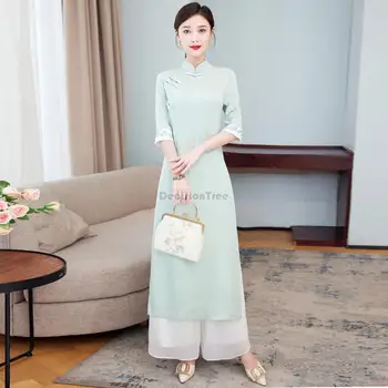 2024 národnej štýl päť štvrtiny rukávy stojaci golier čaj vyhovovali retro vietnam pracky ženy denne cheongsam ao dai šaty