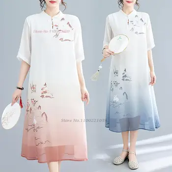 2024 tradičnej čínskej lepšiu qipao cheongsam retro kvetina tlače šifón šaty národnej vintage čaj služby gradient šaty