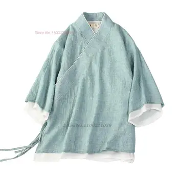 2024 tradičnej čínskej vintage hanfu topy ženy elegantné zen tričko retro bavlnená posteľná bielizeň, blúzky, vintage čaj služby hanfu, blúzky