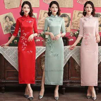 2024 čínsky vintage cheongsam šaty žien satin qipao národnej kvetinové výšivky šaty strany, spoločenské večerné šaty vestido