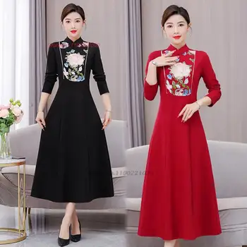 2024 čínsky vintage šaty cheongsam národnej kvetinové výšivky lepšiu qipao orientálna retro ľudovej spoločenské večerné šaty vestido