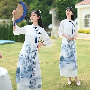 2024 žena aodai vietnam tradičné šaty lepšiu qipao šaty národnej kvetina tlače cheongsam orientálna večerné šaty vestido