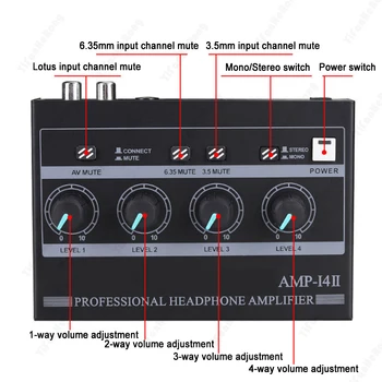 4-Kanál Mono/Stereo Audio sústava AMP Slúchadlový Zosilňovač s RCA & 3,5 mm & 6.35 mm Vstup pre Štúdio a Etapy 4-Kanál Mono/Stereo Audio sústava AMP Slúchadlový Zosilňovač s RCA & 3,5 mm & 6.35 mm Vstup pre Štúdio a Etapy 3