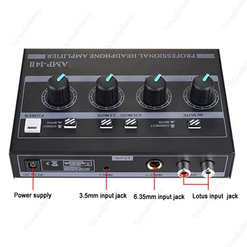4-Kanál Mono/Stereo Audio sústava AMP Slúchadlový Zosilňovač s RCA & 3,5 mm & 6.35 mm Vstup pre Štúdio a Etapy 4-Kanál Mono/Stereo Audio sústava AMP Slúchadlový Zosilňovač s RCA & 3,5 mm & 6.35 mm Vstup pre Štúdio a Etapy 4