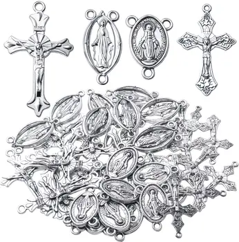 40pcs Antique Silver Ruženec, Krížovú a Centrum Zázračné Ježiš Maria panna Mária Kríž Medaila zobrazili kľúčové tlačidlá pre Ruženec Svätej Perličiek Náhrdelník