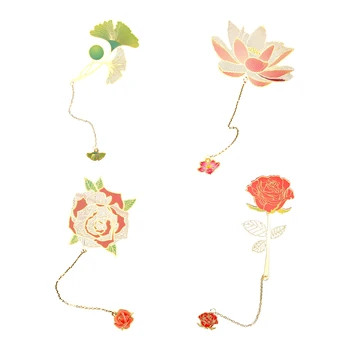 4pcs Klasická Kvet Elegantné Lotus Študent Školy Gingko Učiteľ Kovové Záložku S Prívesky Rose Čítanie Strany Čitateľov