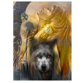 5D DIY Diamond Maľovanie Indická Žena Vlk Eagle Zvierat Cross Stitch Diamond Výšivky Mozaikový Obraz Kamienkami Domova