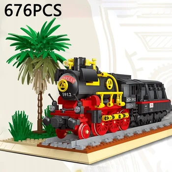 676PCS Parný Vlak Stavebné Bloky Model Retro Prevádzky Železničnej Vlakovej Výhľad na Mesto Montáž Tehly Hračky Vianočný Darček Pre Deti