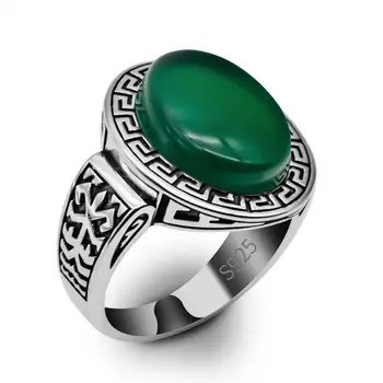 925 Sterling Silver Mens Krúžok Kolo Zelený Kameň Onyx Šperky Darček Strieborné Ruky Svadobný Achát Krúžok