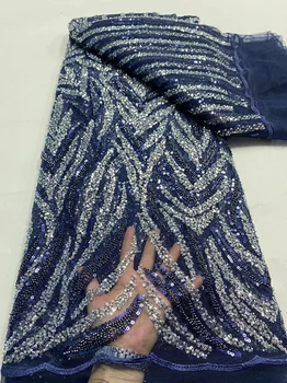 Africké Tkaniny Podľa Šijací Metrov Modré Výšivky Tylu 5Yards Dubaj Korálkové Oka Flitrami Čipky Textílie Svadobné Šaty Pre Ženy