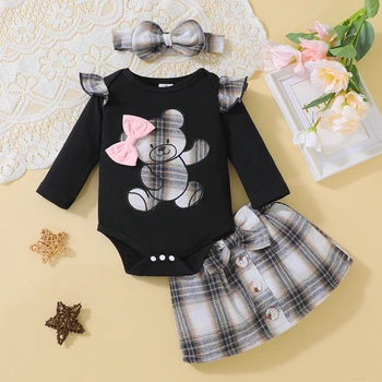 Baby Dievčatá 3-kus Oblečenia, Dlhý Rukáv Medveď Romper s Kockované Sukni Bowknot hlavový most Jeseň Oblečenie