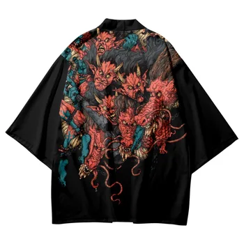 Black Fashion Cardigan Muži Ženy Pláži Japonské Kimono Streetwear Štýl Dragon Tlač Summer Black Haori Yukata Harajuku Topy