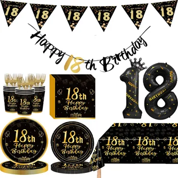 Black Gold Jednorázový Riad Na 18. Narodeniny Party Dekor Dodávky Dosky Obrus Birthday Banner 40inch Číslo Balón