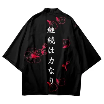 Black Tradičné Cardigan Haori Kimono Ázijské Oblečenie Kvetina Tlače Havajské Košele Ženy Muži Japonský Pláži Nadrozmerné Yukata 6XL