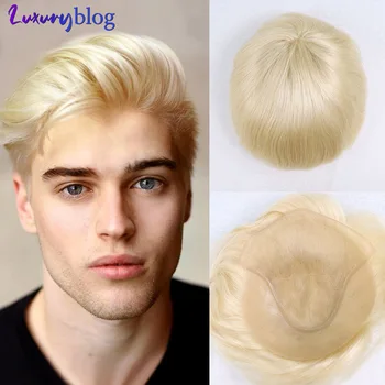 Blondínka Ľudské Vlasy Toupee francúzskej Čipky Tenká Koža PU Mens Parochňu heterosexuálnych Mužov je Protéza 613 Muž Hairpiece Nahradenie Systému 8X10