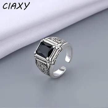 CIAXY Vintage Čierny Štvorec Crystal Prst Krúžky pre Unisex Osobnosti Nastaviteľné Otvoriť Krúžok Thai Striebro Strany Šperky