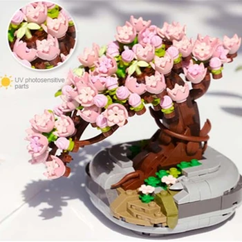 DIY Zafarbenie Cherry Blossom Sukulentných Rastlín Črepníkové Kvetiny Dom Montáž Stavebné Bloky Klasický Model Tehly Sady Dieťa