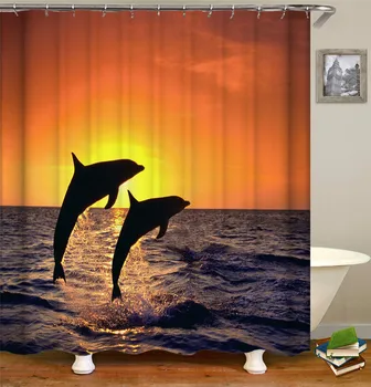 Dolphin Skákanie Tlač Sprchový Záves Polyester Waterproof Kúpeľňa Dekorácie Záves S Hákom Domova Cortain douchegordijn