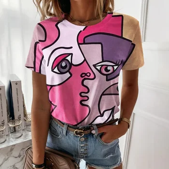 Dámske tričko Abstraktné Umenie Tvár Tlač Dievčatá Oblečenie 3D Klasické Krátky Rukáv Topy Ženskej Módy Bežné Streetwear Y2k Čaj