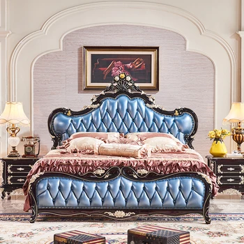 Európska kožené postele kožená posteľ neo-klasická eben masívneho dreva posteľ manželská posteľ, spálňa princezná svadobné posteľ