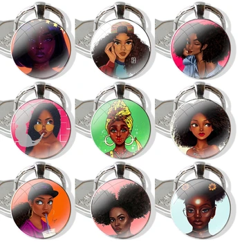 Farebné Roztomilý Afro Dievčatá Módne Tvorivé Cartoon Dizajn Prívesok Auta, Kľúčenky Ručne Vyrábané Sklo Cabochon Keychain