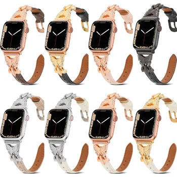 Fhx-16c Platné pre Apple applewatch5/6/7/8/SE kožené motýľ šperky dámske kovový remienok 38 40 41 42 44 45 mm popruh