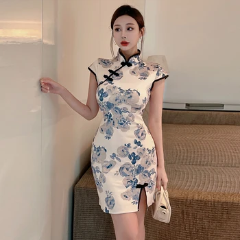 Francúzsky Lady Elegantný Štíhly Qipao Ženy Čínsky Štýl, Kvetina Tlače Cheongsams Módy Sexy Mini Šaty Bodycon Party Šaty Vestidos