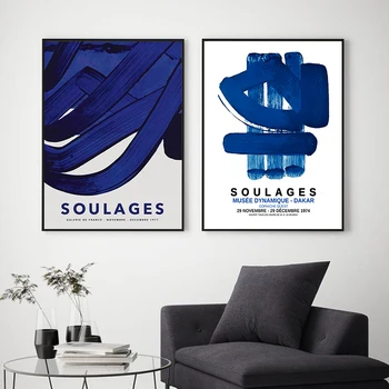 Francúzsky Maliar Pierre Soulages art Výstava, Plagát , Abstraktné Akvarel Modrá, Maliarske Plátna Galéria tlač Múzeum Stenu Decor
