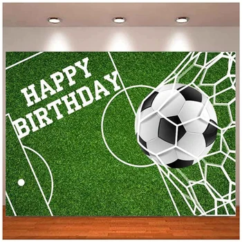 Futbal Tému Happy Birthday Fotografie Pozadie Chlapec Dekorácie Zelený Trávnik Futbalového Ihriska Skóre Cieľom Pozadí