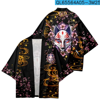 Japonský Módny Fox Kvetinový Tlač Kimono Streetwear Cardigan Župan Harajuku Ženy Muži Haori Yukata Plus Veľkosti 4XL 5XL 6XL