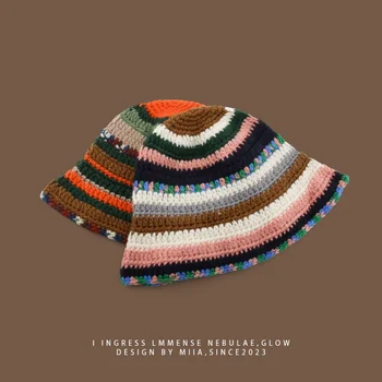 Japonský Nika Dizajnér Vedierko Hat Ručne Háčkované Prekladané Kontrastné Farby Povodí Spp Ukazujú Malé Tvár Cestovné tenisová obuv