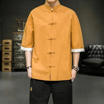 Japonský Štýl Tričko pánske Letné Čínsky Stand Up Golier Yukata Kimono Samuraj Nosenie Farba, Blokovanie T-shirt Hanbok Bežné Kabát