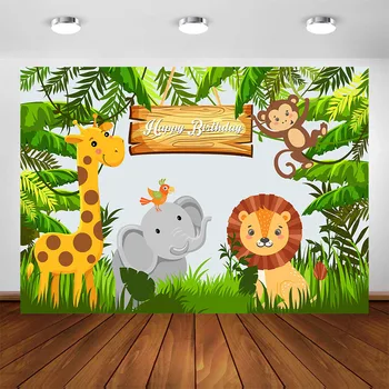Jungle Safari Narodeniny Fotografie Pozadí Zeleného Lesa Cartoon Zvieratá Tému Detí, Narodeniny Dekorácie Pozadí Strieľať