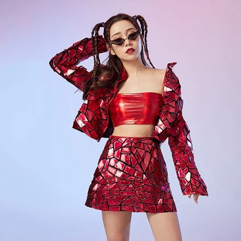 Kostum dansa Jazz cermin merah pakaian Kpop Festival musik pesta dewasa pakaian pertunjukan Gogo Tanečnica kelab malam