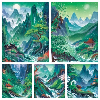 Krajina Diy Diamond Maľovanie na Nový Príchod Zelených Hôr, Riek Cross Stitch Súpravy 5d Mozaiky Drahokamu Výšivky Domova