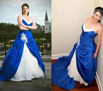 Kráľovská Modrá a Biela Princezná Svadobné Šaty Milú Čipky Taft Ruched Súd Vlak Ženy, Svadobné Šaty Vestidos De