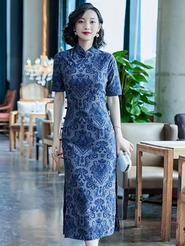 Kvetinovou potlačou Čínskych Vintage Cheongsam Bodycon Žaba Tlačidlo Mandarin Golier Split Šaty dámske Oblečenie