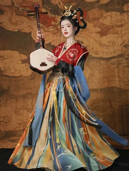 Letné Dunhuang Cosplay Pôvodný Rozprávkový Kostým Výšivky Tang Späť Polovicu Rameno Tan Golier Pás Ženy Ru Ru Hanfu Ženské Sukne