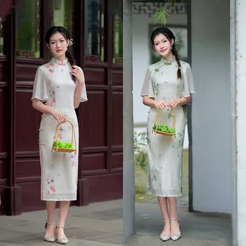 Letné Elegantný Krátky Rukáv Cheongsam Šaty Žena Čínskej Tradičnej Slim Retro Classic Qipao